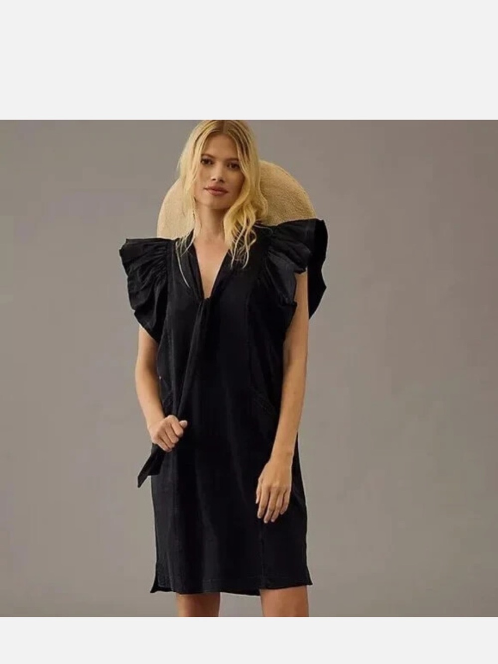 Anthropologie Malibu Creek Dress Black Flutter-Sleeve V-Neck